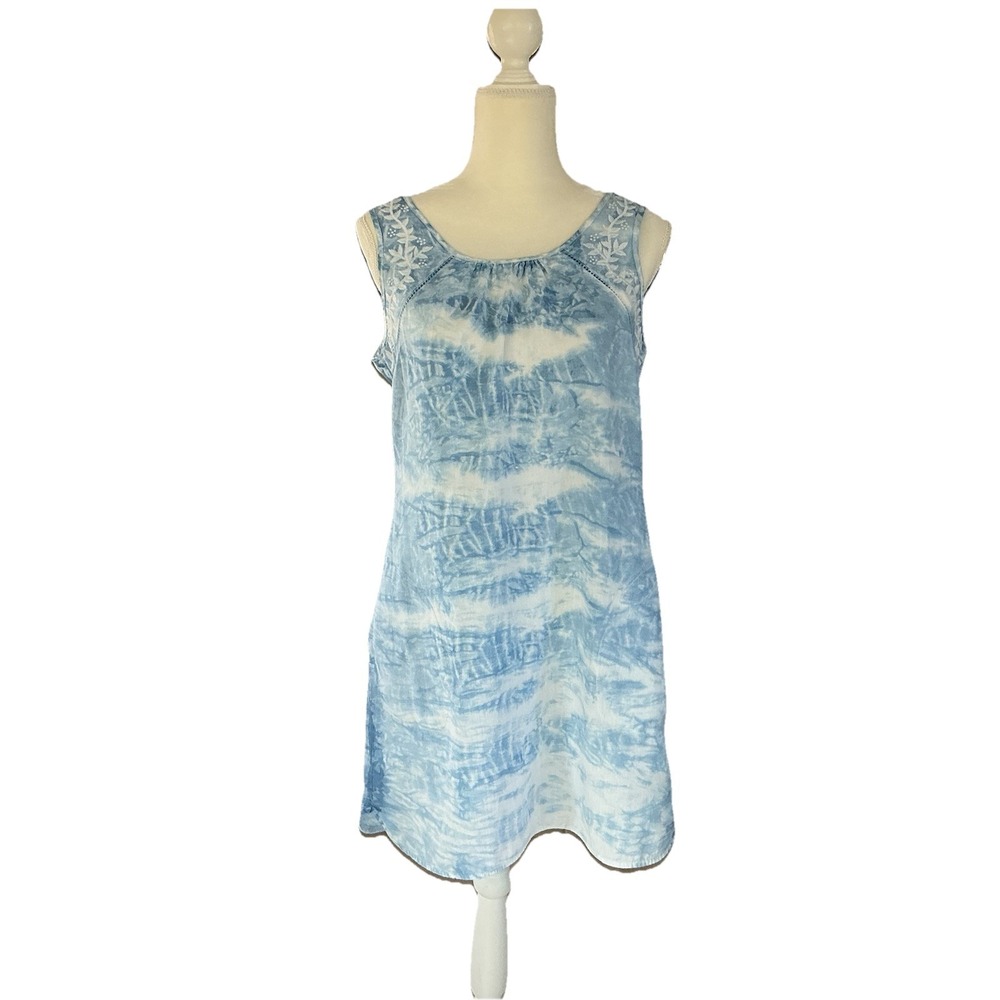 Malvin I Love Linen‎ Blue White Casual Shift Dress Embroidered Modest Bust 38"